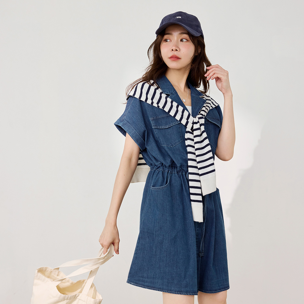 OB 涼感．冰絲輕量翻領腰抽繩牛仔連身裙 OBDA10740 SS26