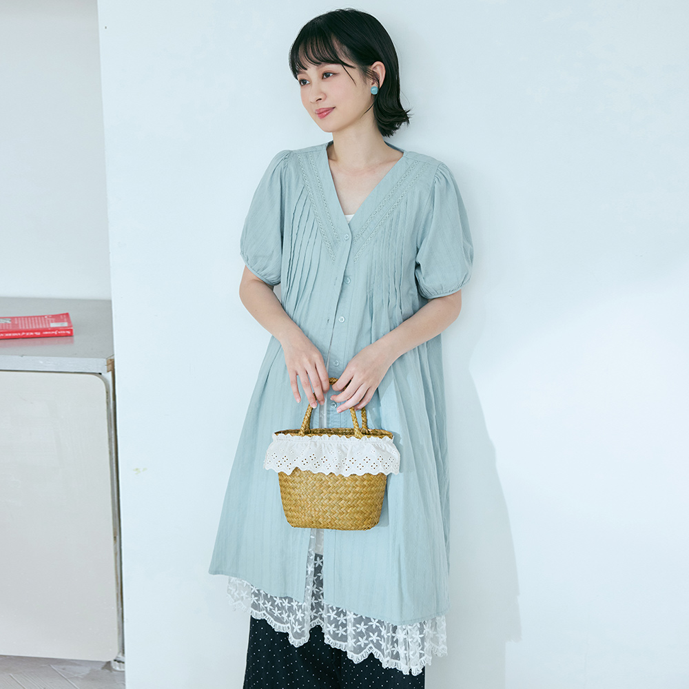 OB 日系純棉蕾絲滾邊泡泡袖開襟連身裙 OBDA10736 SS26