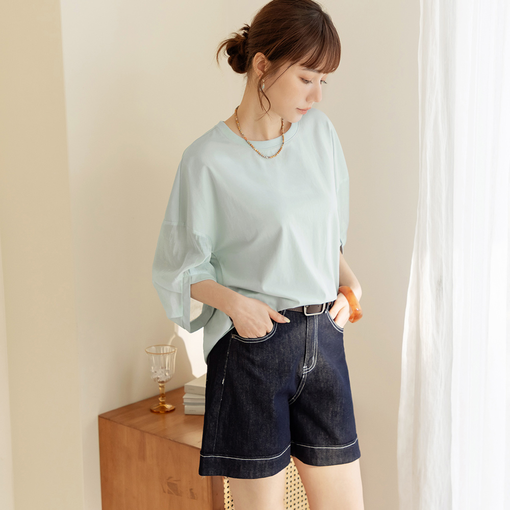 OB 涼感．冰絲棉防曬拼接七分袖上衣 OBAB21416 SS26