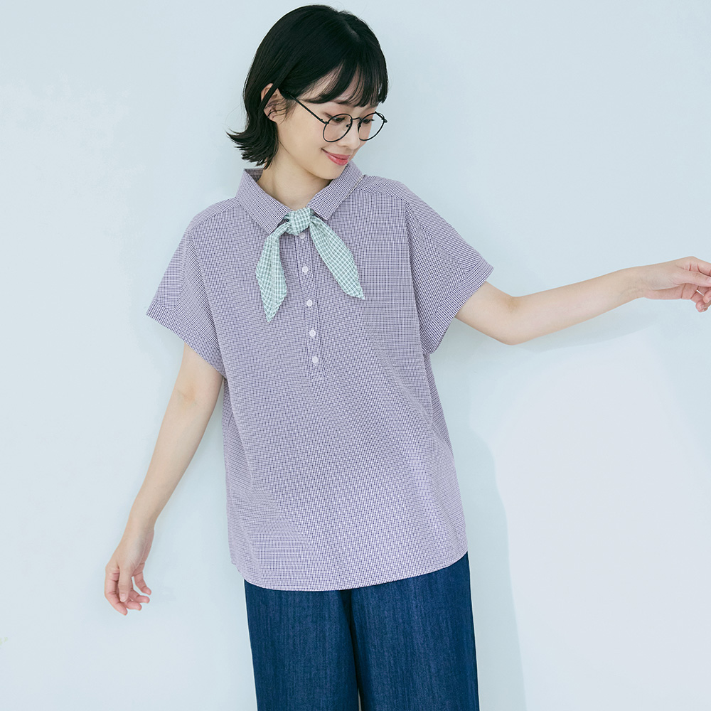 OB 日系泡泡格紋連袖半開襟襯衫上衣 OBAB21298 SS26