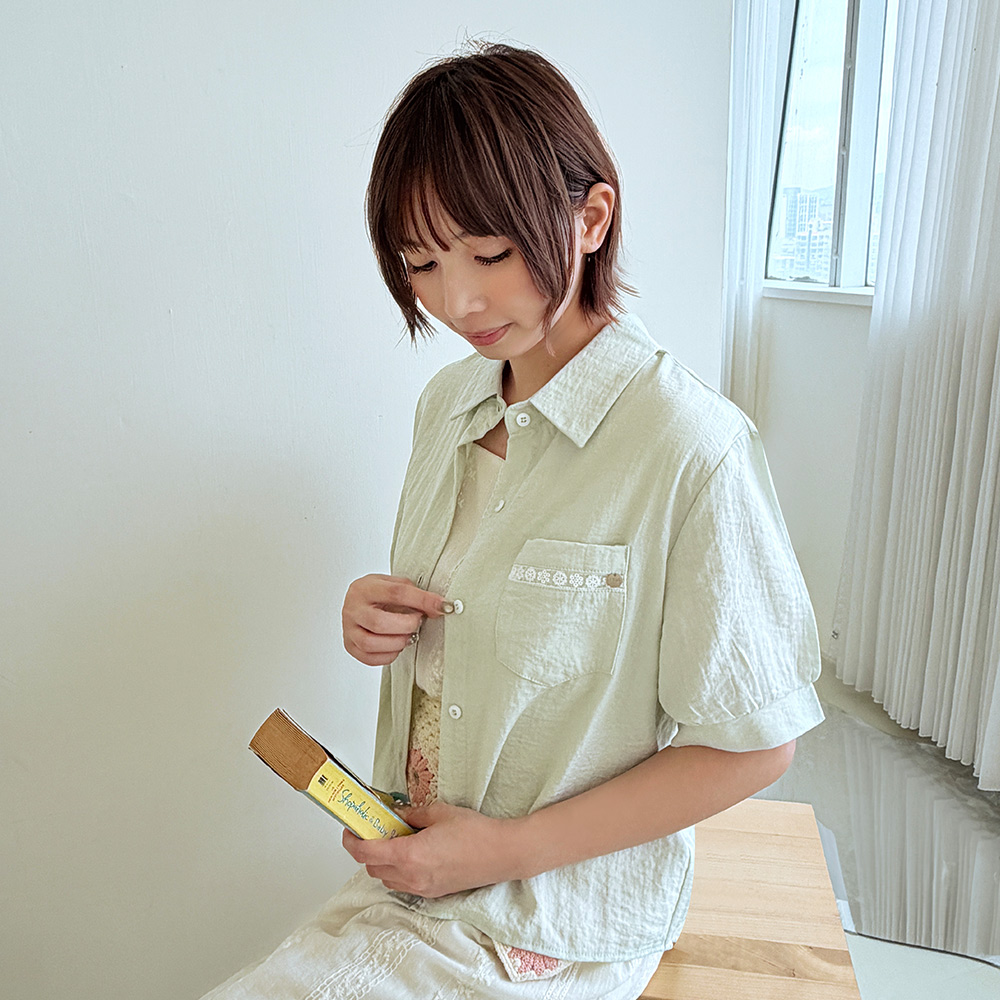 OB 日系蕾絲口袋泡泡袖開襟襯衫上衣 OBAB21367 SS26