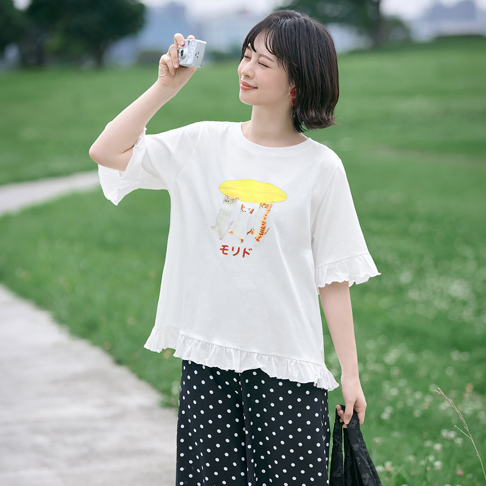 OB 日系純棉貓咪印花荷葉邊上衣 OBAB21260 SS26