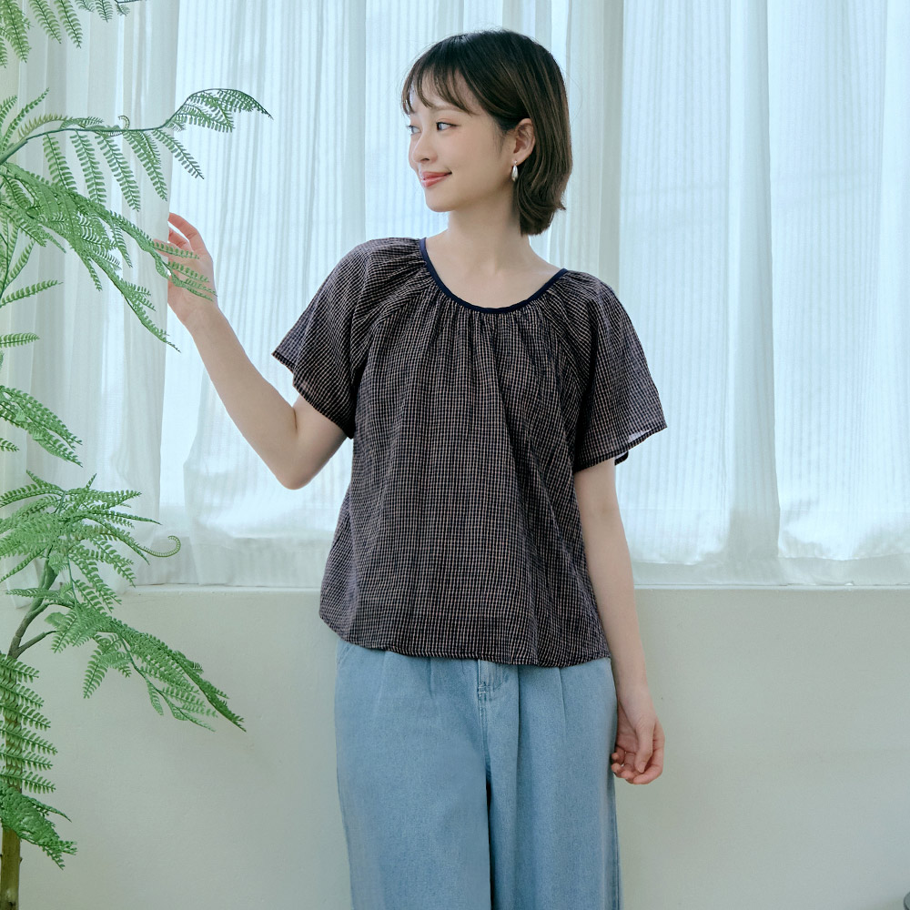OB 高含棉細格紋綁帶露背短袖上衣 OBAB17343 SS26