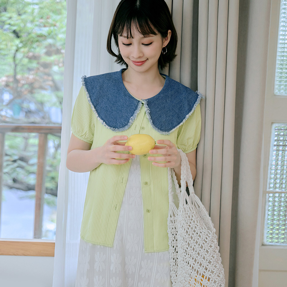 OB 牛仔抽鬚娃娃領條紋襯衫上衣 OBAB18774 SS26