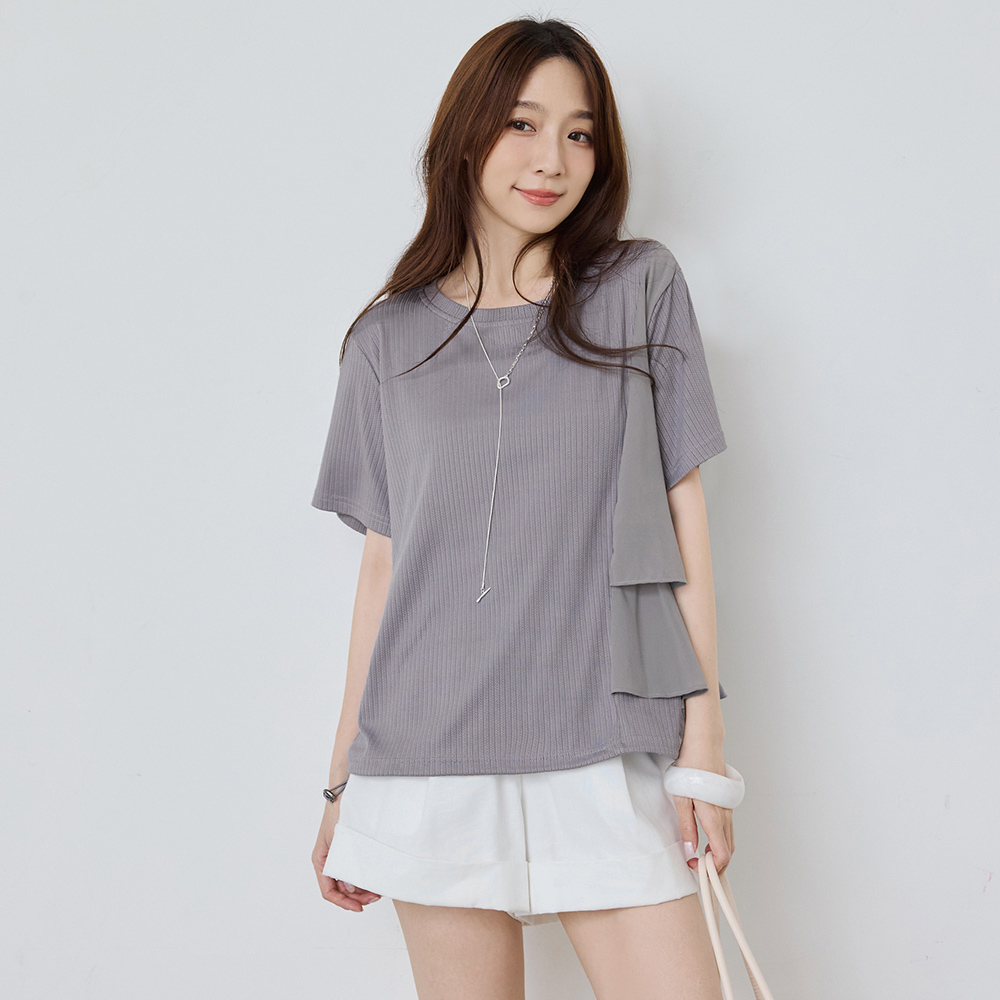 OB 坑條異材質拼接抽繩短袖上衣 OBAB21501 SS26