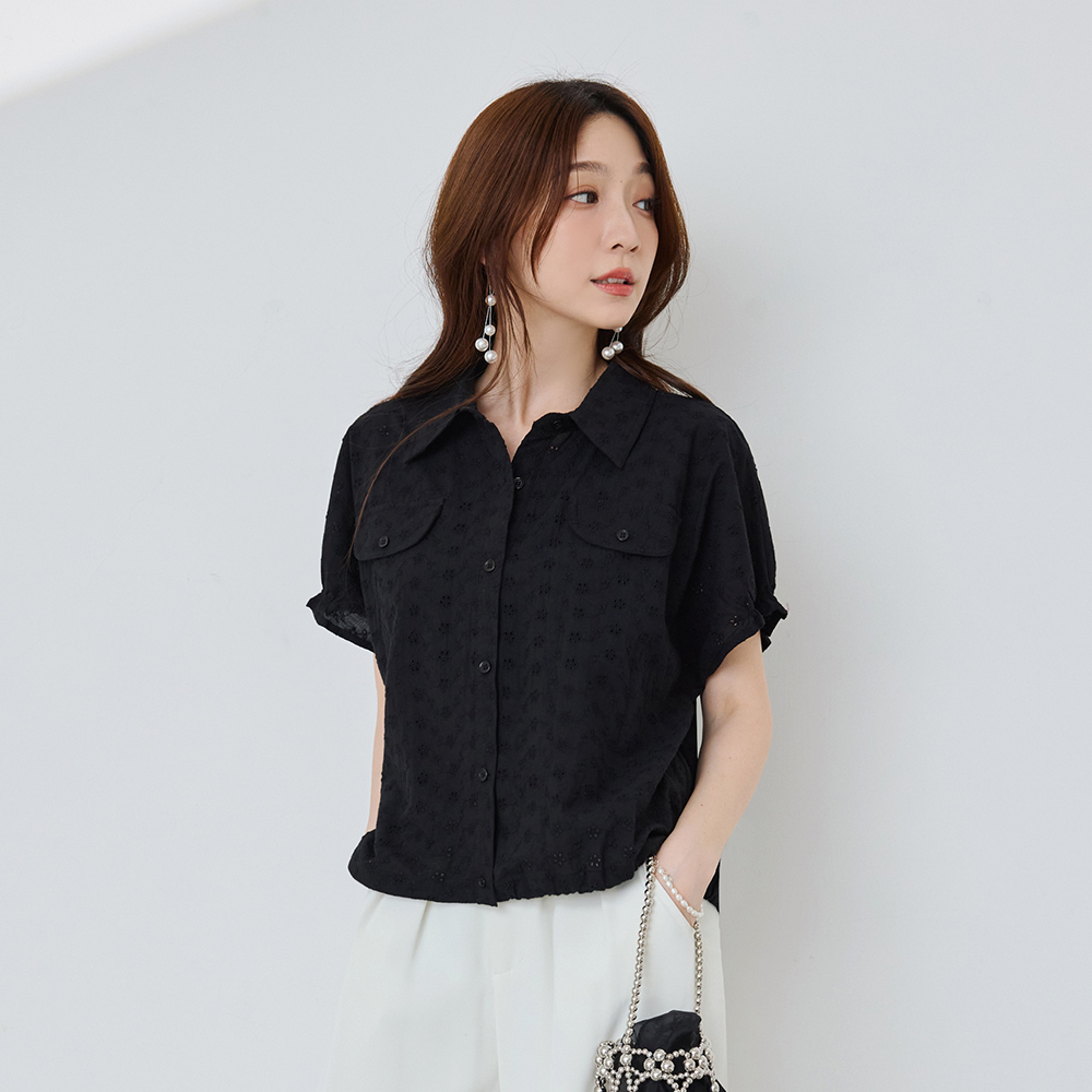 OB 純棉小花刺繡下襬抽繩荷葉袖上衣 OBAB21463 SS26