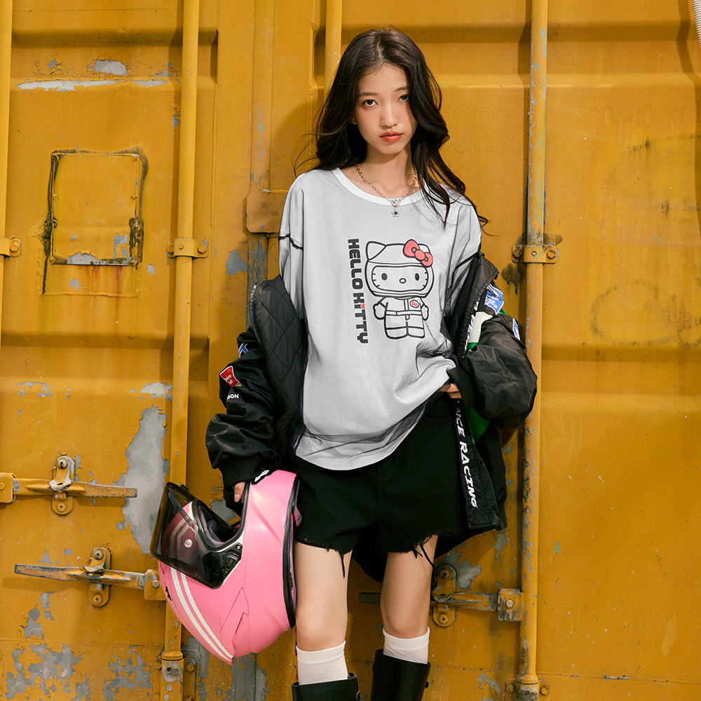 OB KITTY 甜酷疾速．假兩件網紗拼接寬鬆短TEE OBIK0094 SS26